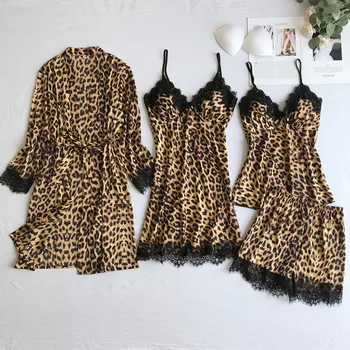 

Leopard print pajama set of 4 pieces of ice silk sexy suspender pajama suit thin type with chest cushion silk home wear