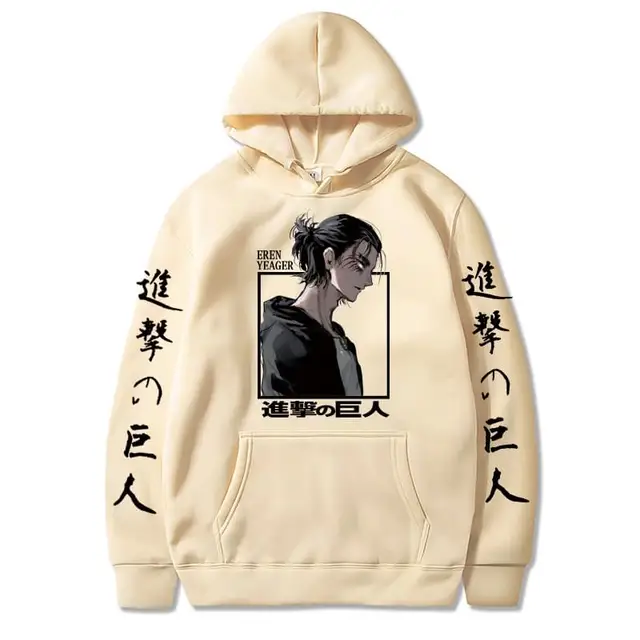 Attack on Titan Eren Yeager Anime Hoodie Men Women Streetwear Hip Hop Unisex Sweatshirt Harajuku Oversized Hoody Tops Beige