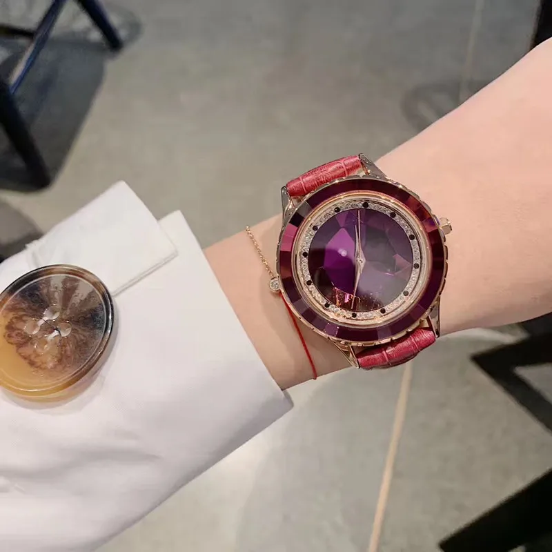 Vogue полностью зеленые кристаллы часы для женщин модное платье часы многогранные хрустальные наручные часы водонепроницаемые часы из натуральной кожи - Цвет: Фиолетовый