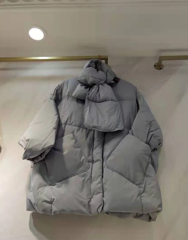 Ozhouzhan New Style Short-height Scarf Large Pocket Loose-Fit Mid-length down Jacket Coat Sweet down Coat