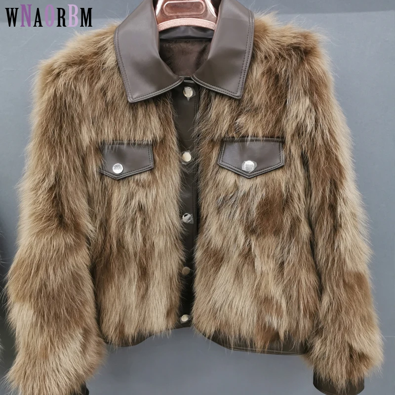 

2020 New Women Winter Warm Korean Natural Raccoon Fur Slim Genuine Fur Jackets Suit Collar Luxury Real Fur Short Coats