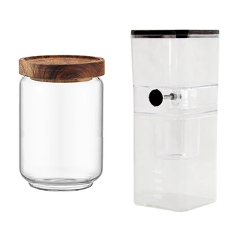 

1 pcs Household Iced Coffee Pot Glass Ice Coffee Machine & 1 pcs 700 ML Wood Lid Glass Airtight Canister