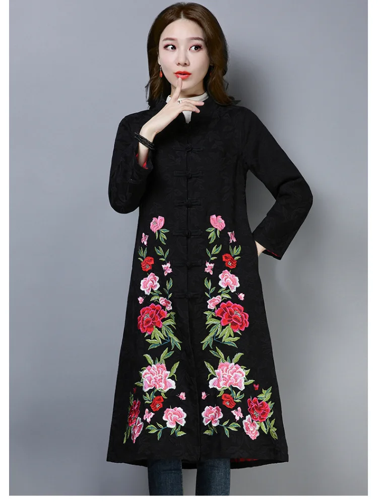 Autumn And Winter New Style Retro National Wind Embroidered Jacquard Mid-length Cardigan Trench Coat Cotton Linen Coat Women's