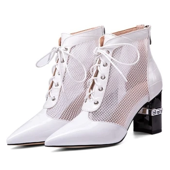 

2020 Summer Autumn Mesh Patent Leather Women Sandals Boots Square Heel Lace Up Ankle Boots Woman Ponited Toe White Shoes LB0007
