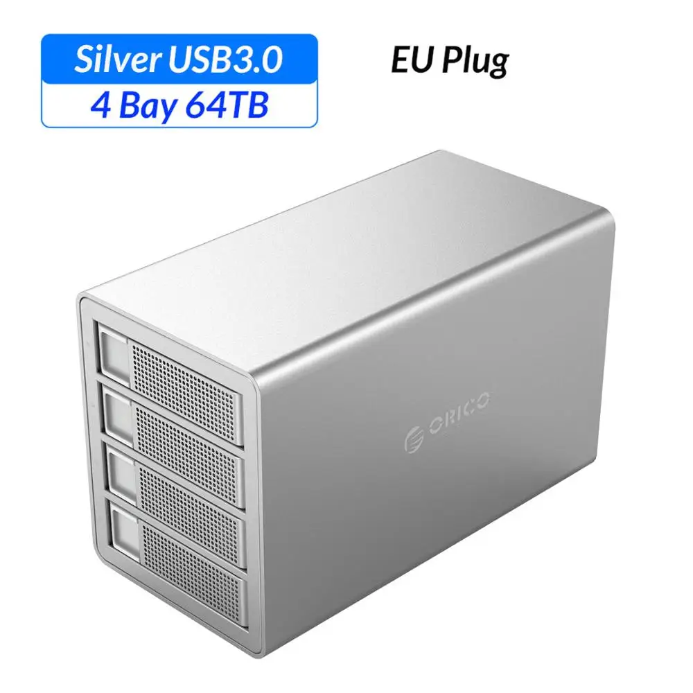 Док-станция ORICO 4 Bay для HDD, 64 ТБ, с двумя чипами, 150 Вт, чехол для встроенного жесткого диска, для 2,5, 3,5 дюймовых жестких дисков - Цвет: Silver EU Plug