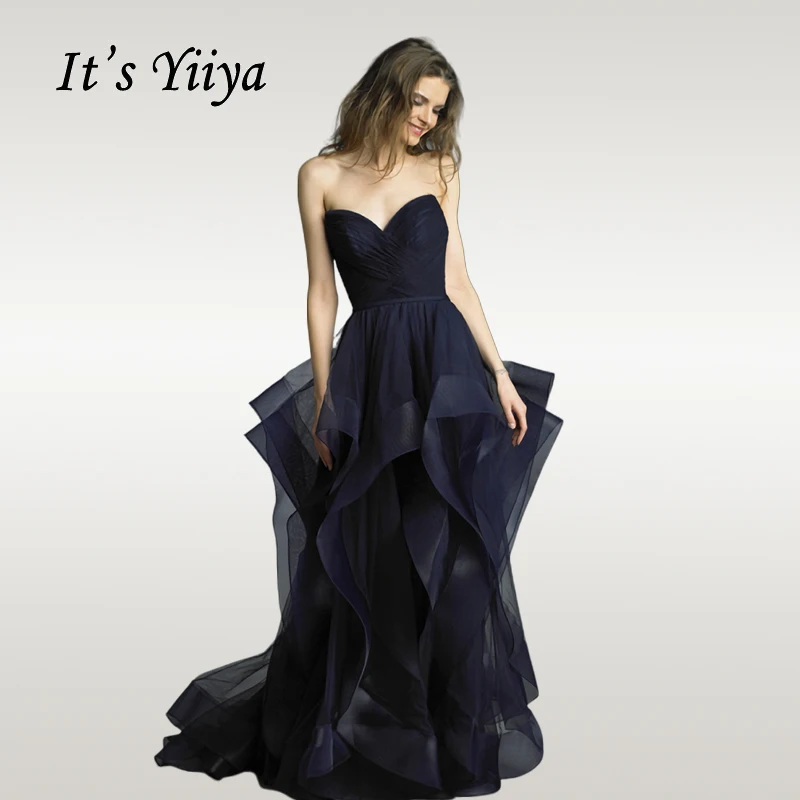 

It's Yiiya Evening Dress Elegant Strapless Black Robe De Soiree Irregular Tiered Hems Floor Length Women Party Dresses E668