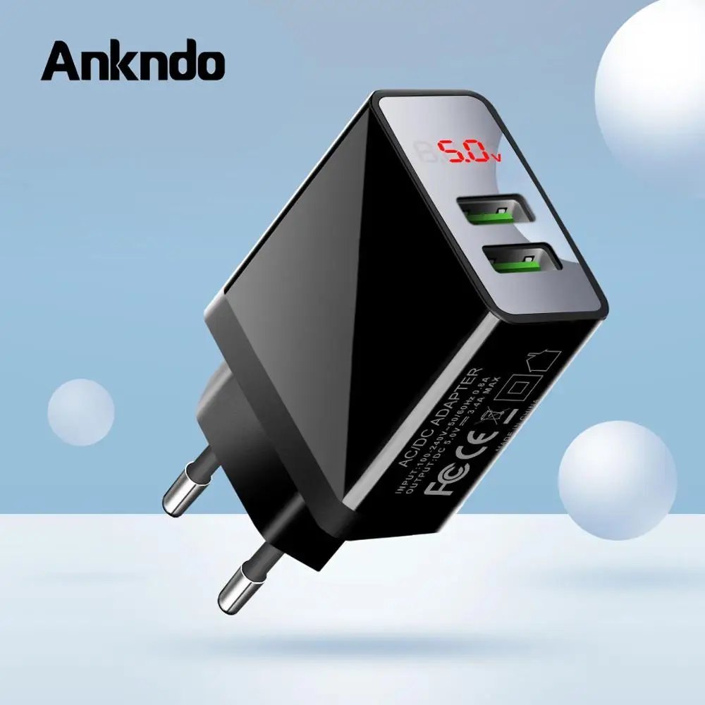 

Ankndo USB Charger Quick Charge 2 Port LED Display Phone Charger Fast Charger Charging EU Plug Wall Charger For Android Phone