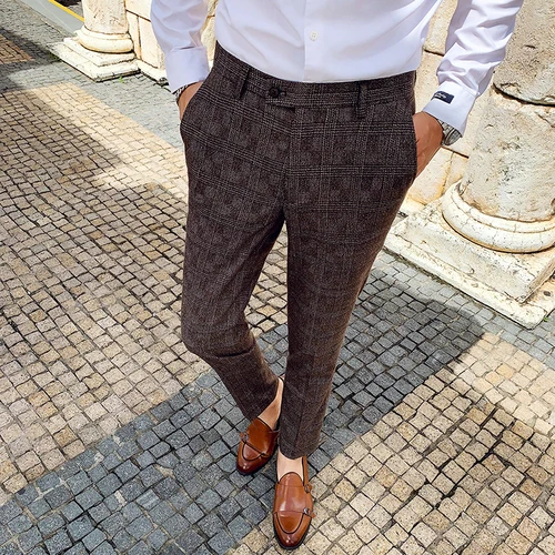 19 новые удобные дышащие Slim Fit британский стиль для отдыха для маленьких джентльменов Бизнес тренд высокое качество Для мужчин брюки в клеточку - Цвет: Dark Brown