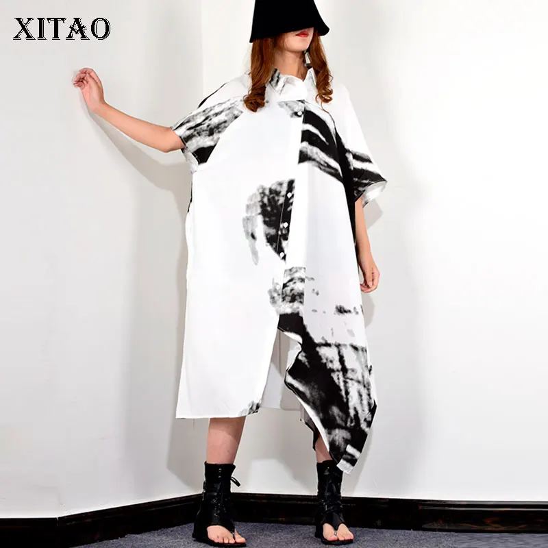 

XITAO Irregular Patchwork Print Pattern White Dress Women Clothes 2019 Fashion Turn Down Collar Half Sleeve Midi Dress ZLL3674