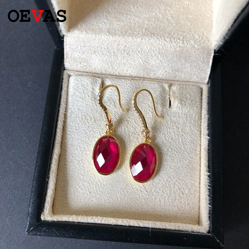 

OEVAS 100% 925 Sterling Silver Eareings Gold color Ruby Party Jewelry For Women Wedding Engagement Anniversary Gift dropshipping