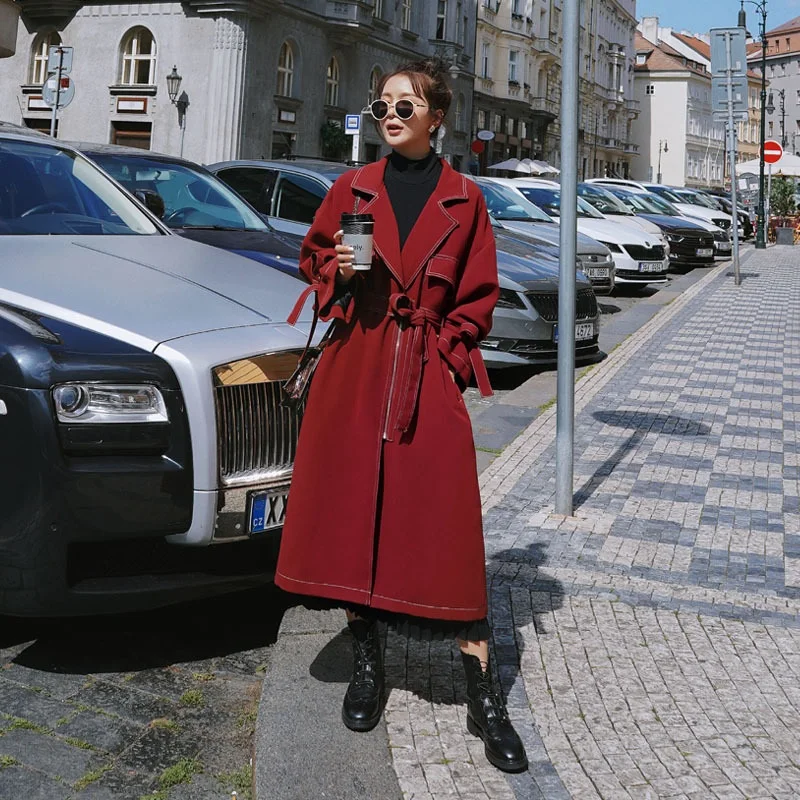 

Coreana High quality Wine red Long Windbreaker With belt 2020 Autumn Loose Zipper New Trench coat For Women Fashion Ropa mujer