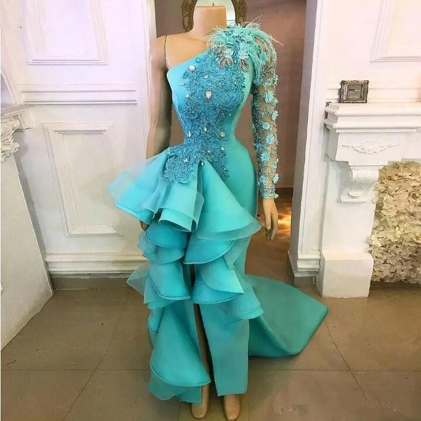 

New Peacock Blue One Shoulder Evening Dresses 2020 Hand Made Flowers Appliques Peplum Formal Party Gowns With Split Prom Dress