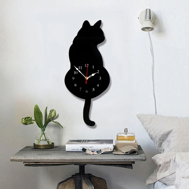 Мультяшный кот акриловые настенные часы качающийся хвост батарея работает Бесшумная Бытовая декоративная настенные часы для офиса школы спальни