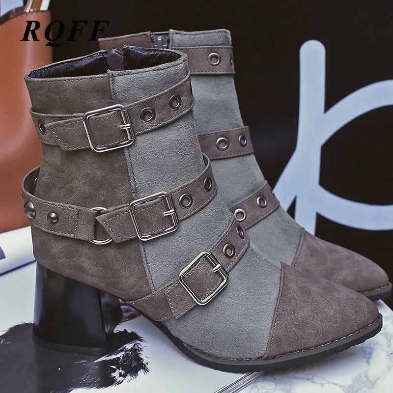 2019 Womens Martin Ankle Boots Woman Rome Pu Leather Square Block Heel Belt Buckle Punk Boot Zip Pointed Toe New Shoes Size 9 | Обувь