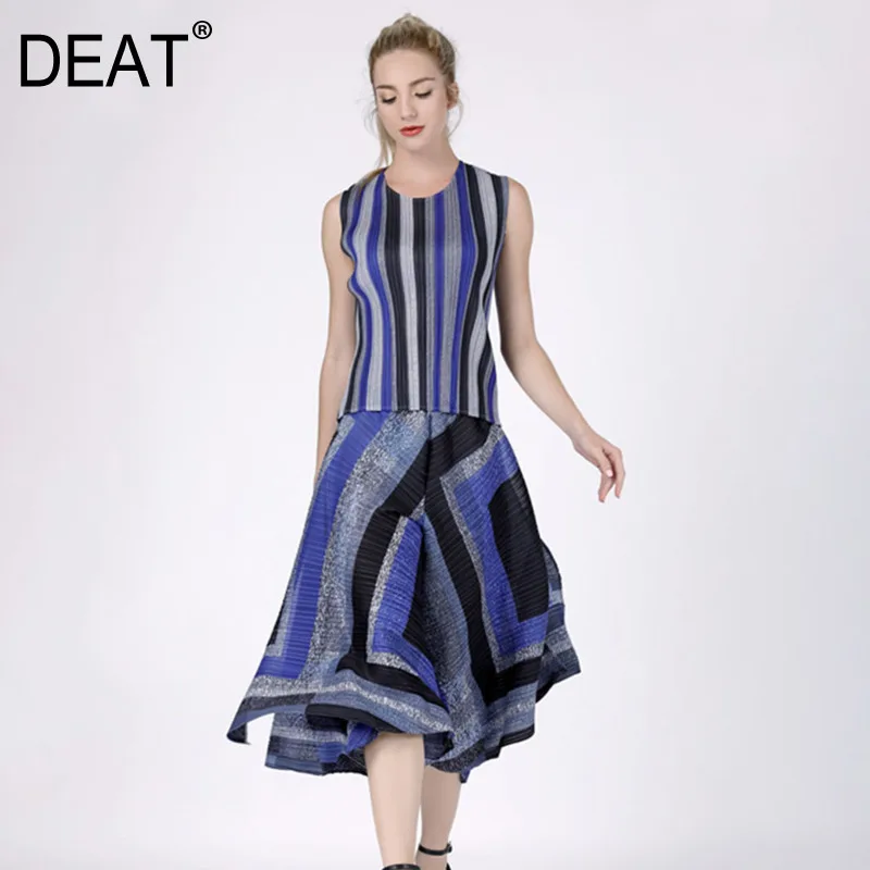 

[DEAT] 2019 Summer New Patter Office Lady Style Sleeveless Striped Pattern Loose Seven Wide Leg Pants Two Piece Set Suit AI163