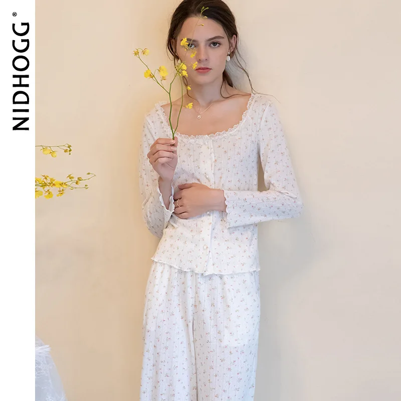 

Осенняя Милая Нежная Маленькая Пижама с цветочным рисунком, женские штаны с длинными рукавами, пижамы с круглым вырезом, кружевная Сексуальная Домашняя одежда, ночное белье из двух предметов