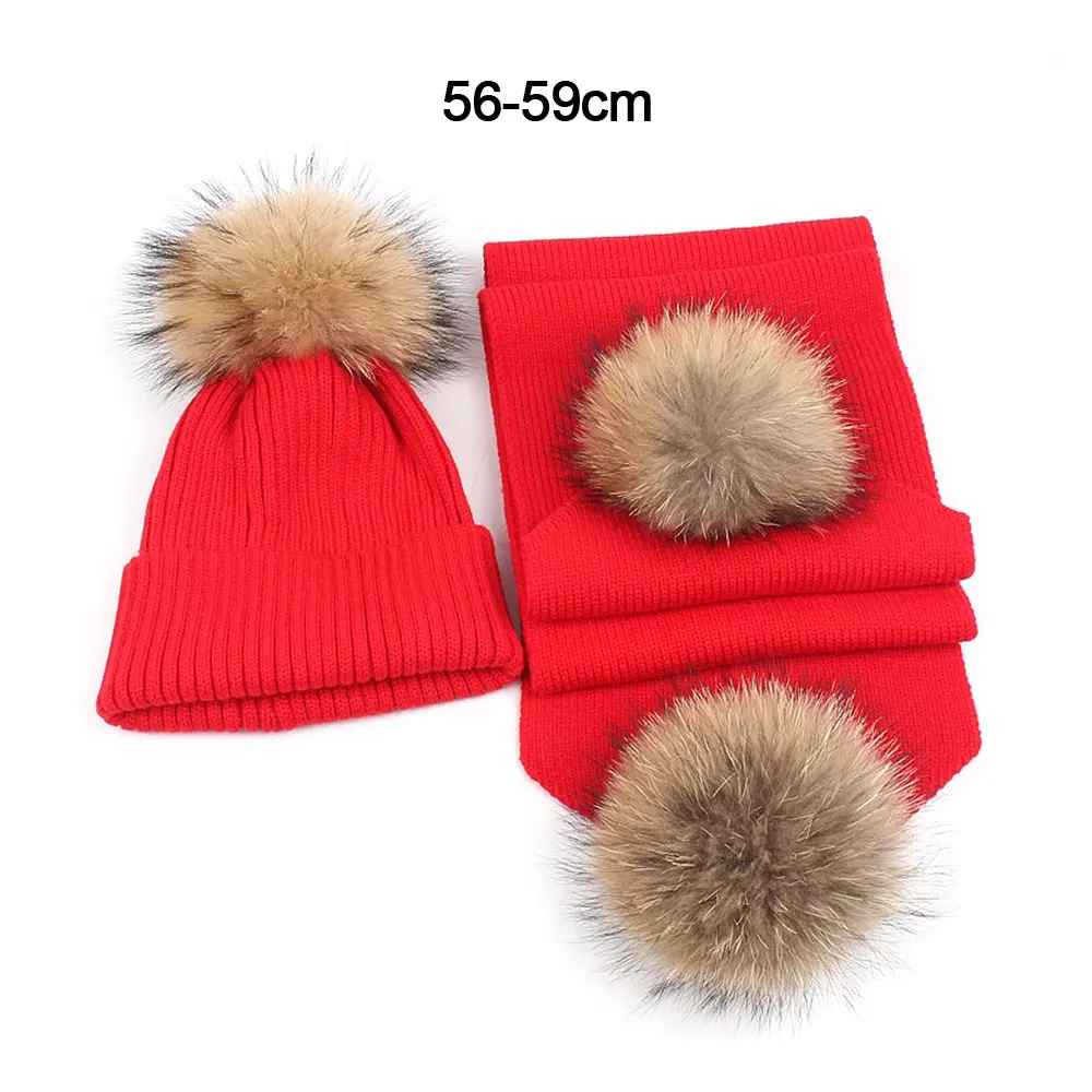 Winter Parent-child Knitted Scarf Hat Set Cap Kids Warm Beanie Hat with Double Fur Pompom Ball for Baby Photography Props
