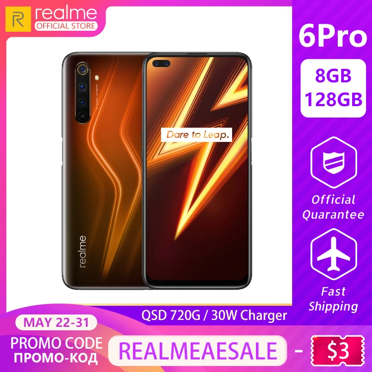 

realme 6 Pro 8GB RAM 128GB ROM Mobile Phone 6Pro Snapdragon 720G 30W Flash Charge 4300mAh Battery 64MP Camera Dual Selfie Camera