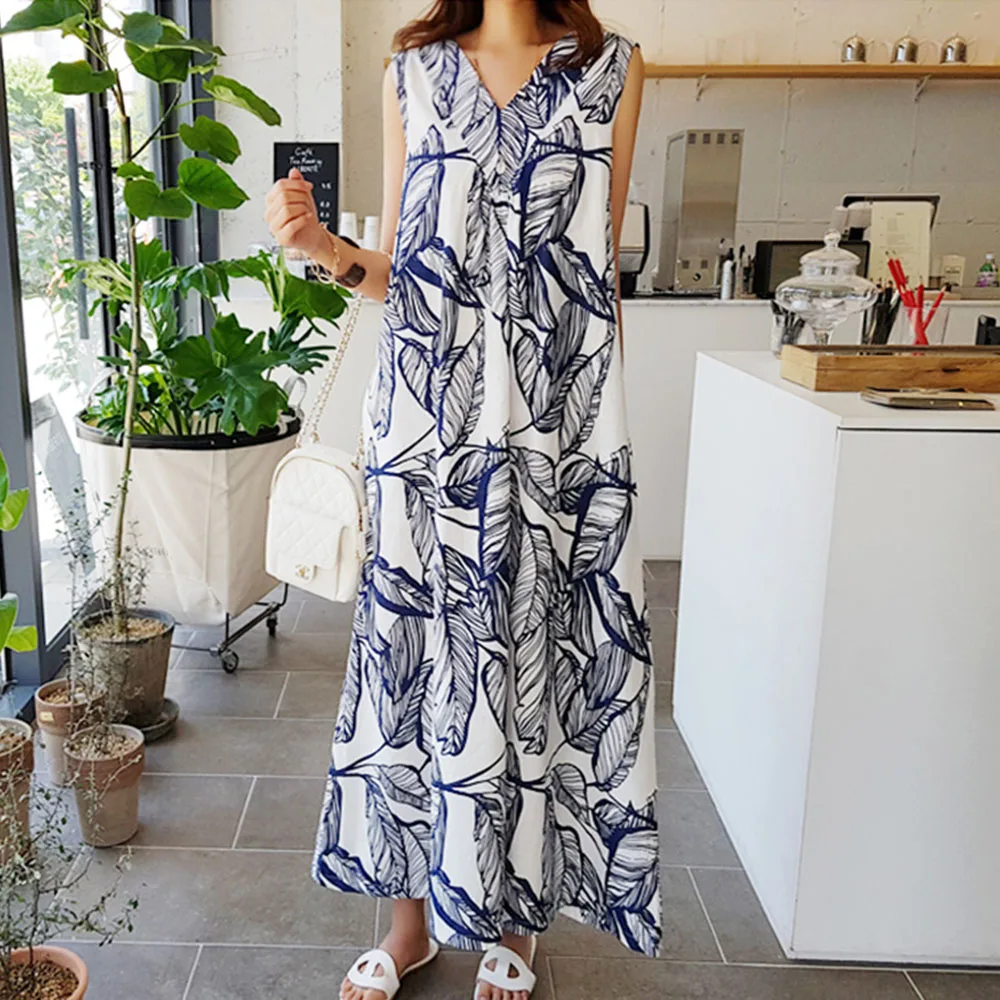 2020 Летний шифон без рукавов длинное платье тропический принт пляжный сарафан