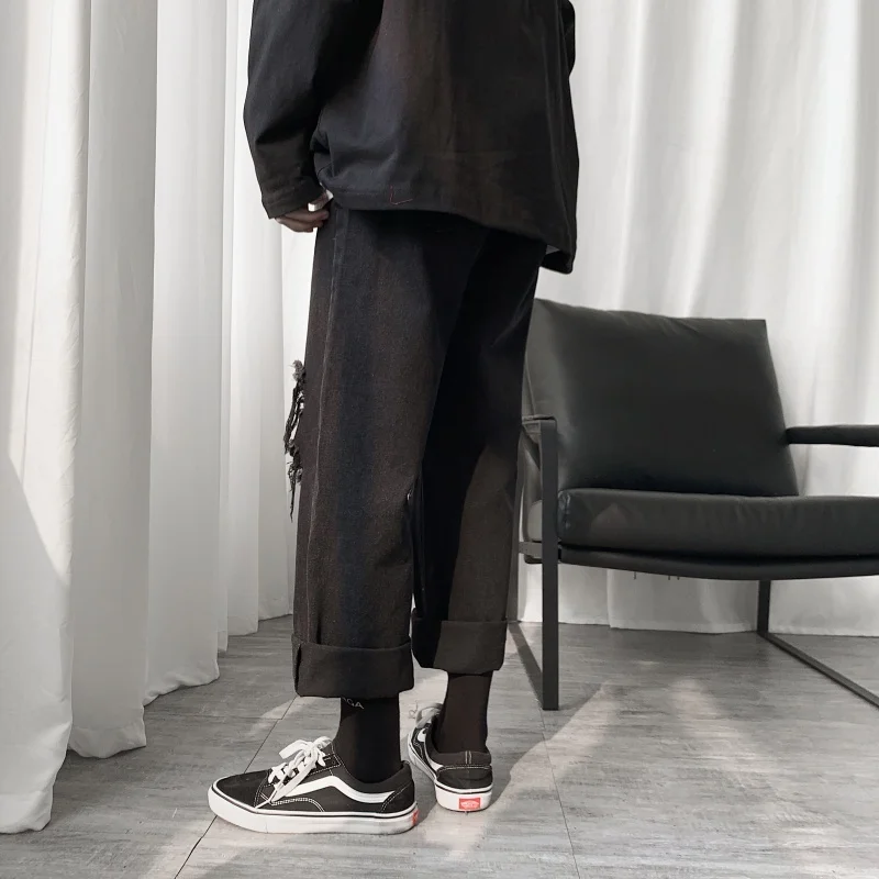 Great Value Hole Jeans Men's Fashion Washed Casual Straight Black Jean Pants Men Streetwear Wild Loose Hip Hop Denim Trousers Mens M-2XL