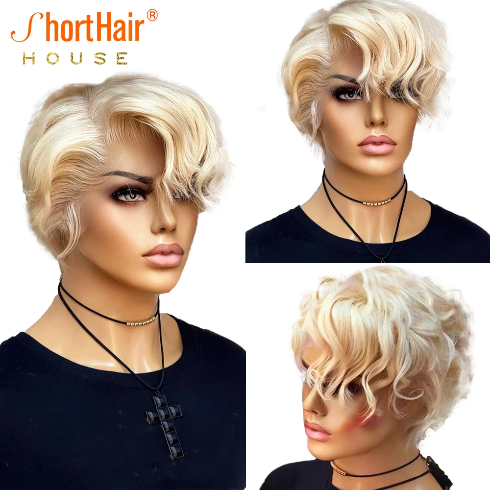 613 Honey Blonde Lace Frontal Wigs For Women Human Hair Pixie Cut Wig Short Curly Wigs 13x6x1 Lace Side Part For Women