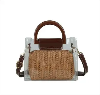 

Fashion women's shoulder bag 2Pcs transparent Messenger bag Bohemia style hand-woven straw clutch