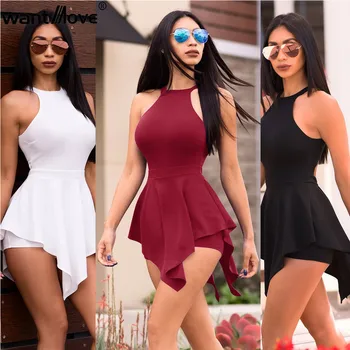 

Wantmove 2019 new jumpsuit sexy sleeve hang neck ruffles splice backless slim shorts solid evening party women jumpsuit WM1121