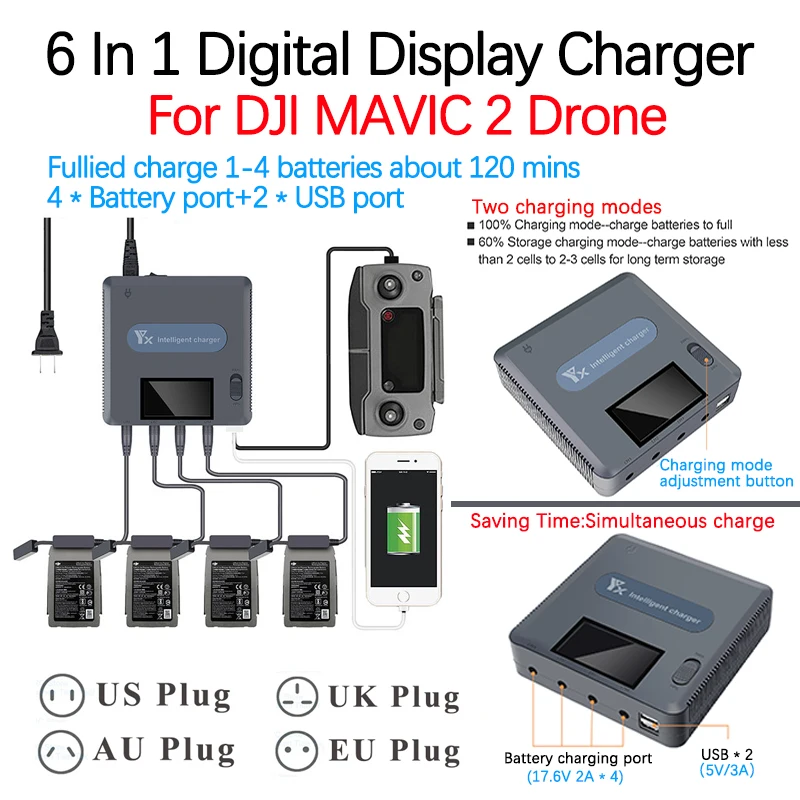 dji-mavic-2-proズームドローン6in1デジタルディスプレイ充電器ハブ4バッテリー同時充電、放電モードアクセサリ付き