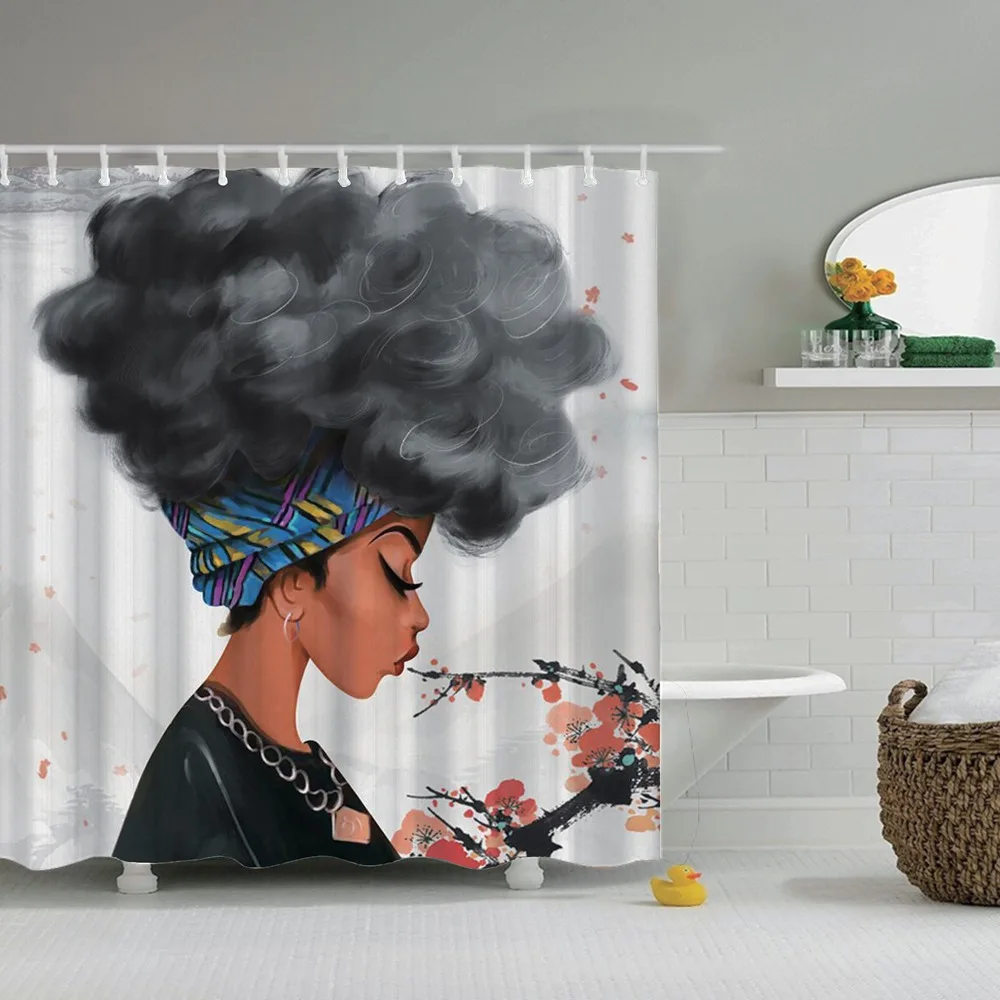 Black Women Extra Long Art Decor Shower Curtain Waterproof Polyester Fabric
