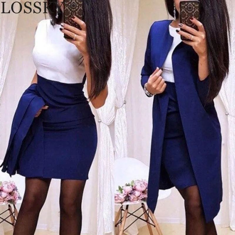 Autumn Formal Dress Suits Women Long Sleeve Blazer Jacket And Bodycon Mini Dress Office Wear 2 Piece Female Sets Garnitur Dress - Цвет: blue