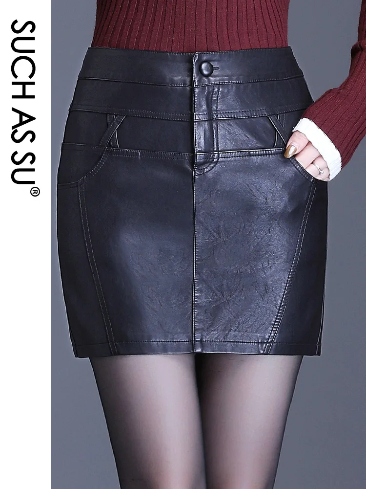 

SUCH AS SU New Fashion Autumn Winter PU Leather Skirt Women Black High Waist Occupation Work Pencil Skirt M-3XL Size Mini Skirt