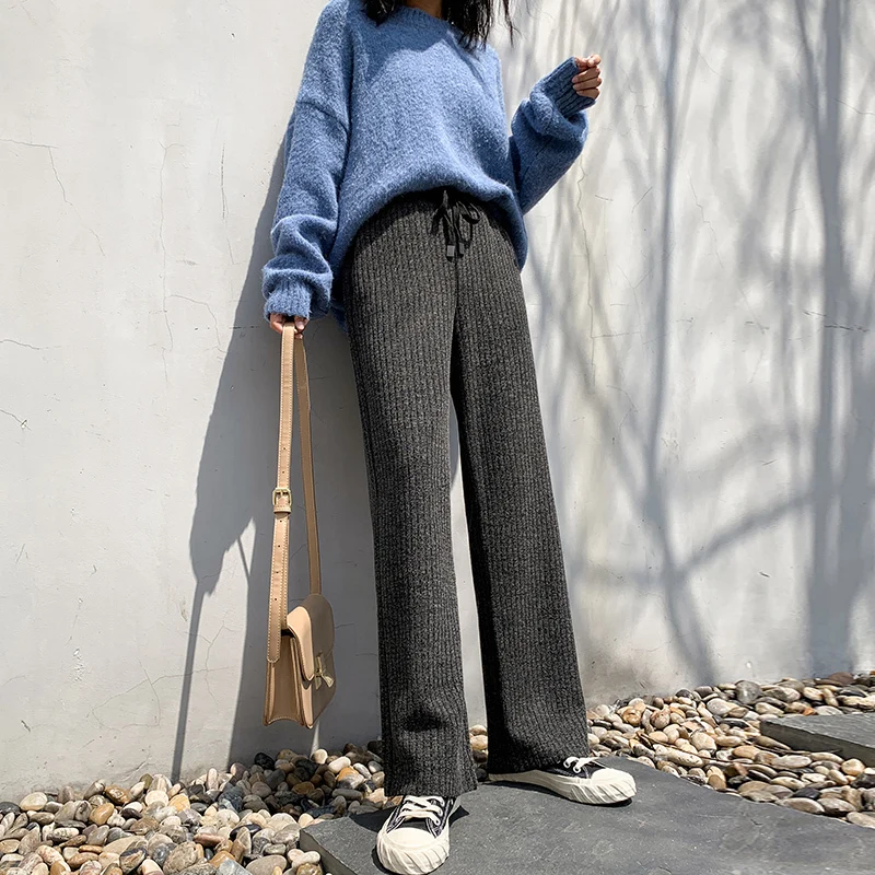 Genayooa Plus Size Knitting Wide Leg Pants Casual Woman Trousers Winter Streetwear Elastic Wear Pants Big Size Trousers