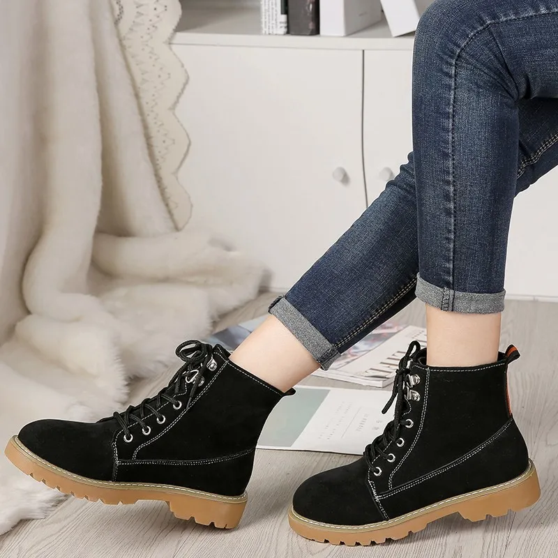 2019 г. Зимние женские мотоциклетные ботинки ботильоны на шнуровке женская