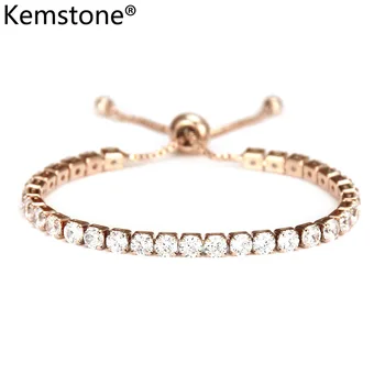 

Kemstone Copper Rose Gold Color Simple Design Inlay Cubic Zirconia Adjustable Chain Bracelets for Women Jewlery Gifts 4MM