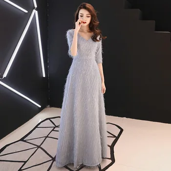 

Gray Women Half Sleeve Party Dress V-Neck Ankle-Length Evening Cheongsam Elegant Sexy Wedding Dress Prom Long Gown Vestido S-XXL