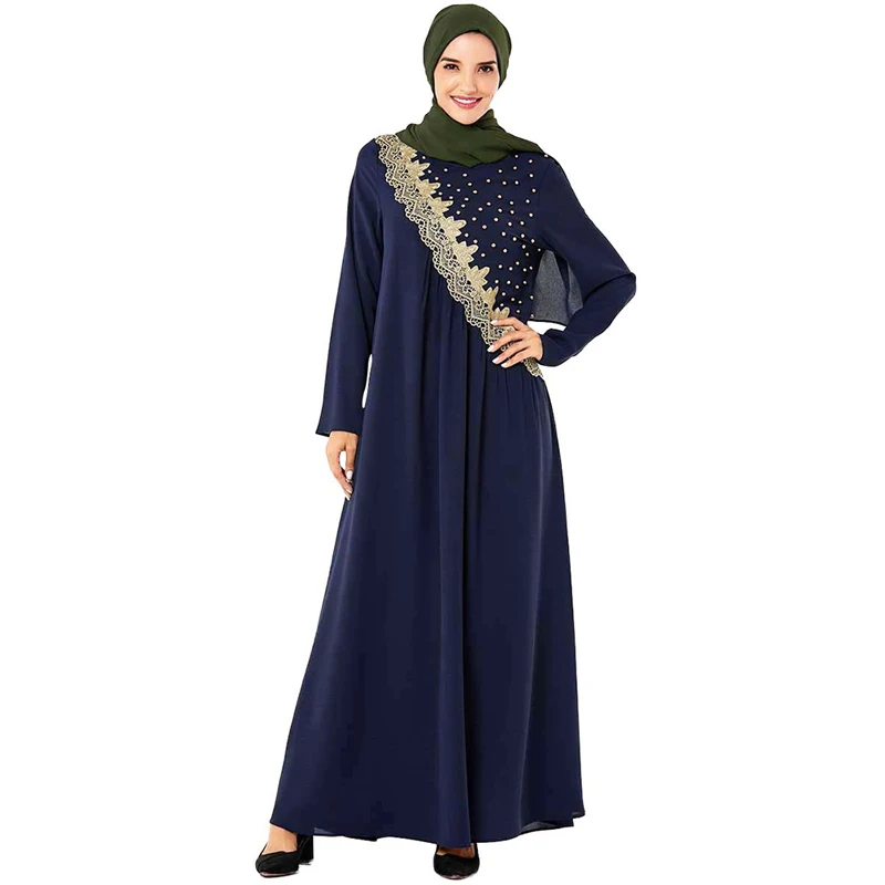 dark blue dress Красивая ислам ic одежда для женщин Дубай Турецкая абайа мусульманский хиджаб платье кафтан Caftan ислам осень лето весна - Цвет: dark blue dress