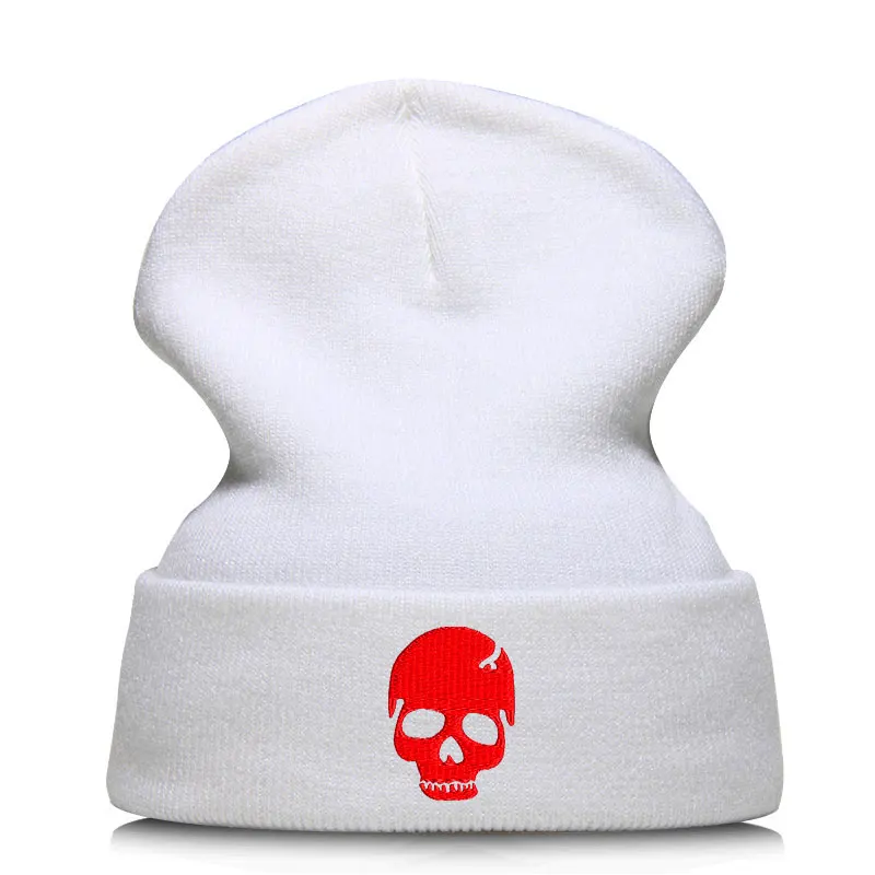 Beanie шляпа Skullie шапка, вязаная шапка-носок Зимняя Вышивка в стиле панк Для мужчин Для женщин для маленьких мальчиков Одежда для девочек-подростков для уличных танцев череп Забавный Скелет персонализировать - Цвет: WHITE RED