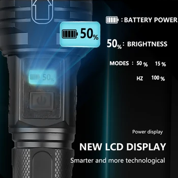 

Brightest XHP90 LED flashlight with LCD display Built-in smart chip to regulate brightness save energy zoom torch use 26650