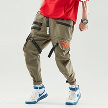 Vintage Mens Cargo Pants Multi-Pockets Webbing Design Men's Pants Black Green M-2XL Pantalones Hombres