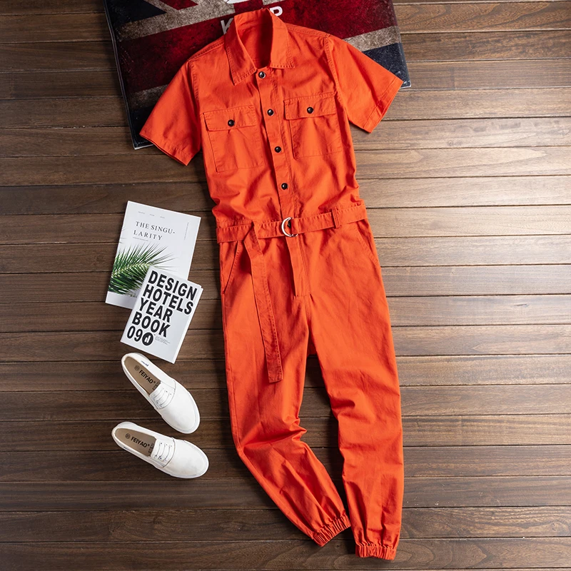 Men's Short-Sleeved Jumpsuit Hip Hop Casual Multi-Pocket Solid Color Overalls Fashion Trousers denim overalls men rompers
