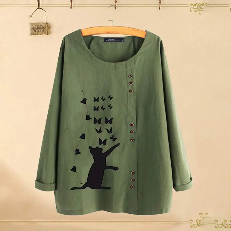 Army Green Элегантные топы с принтом кота, Женская Осенняя блузка,, ZANZEA, повседневные рубашки с длинным рукавом, женские блузы с круглым вырезом, плюс размер, туника, S-5XL - Цвет: Army Green