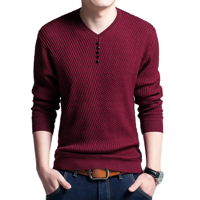 

2019 Men Knitted Shirts Botton Solid Sweater Young Middle-aged Men Korean Version Slim V-neck Long Sleeve T-shirt Casual Tops