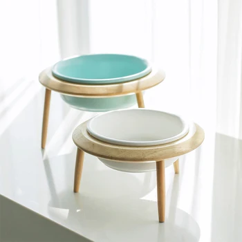 

Ceramic Adjustable Elevated Raised Pet Bowl with Wood Stand for Cats and Dogs No Spill Pet Food Water Feeder
