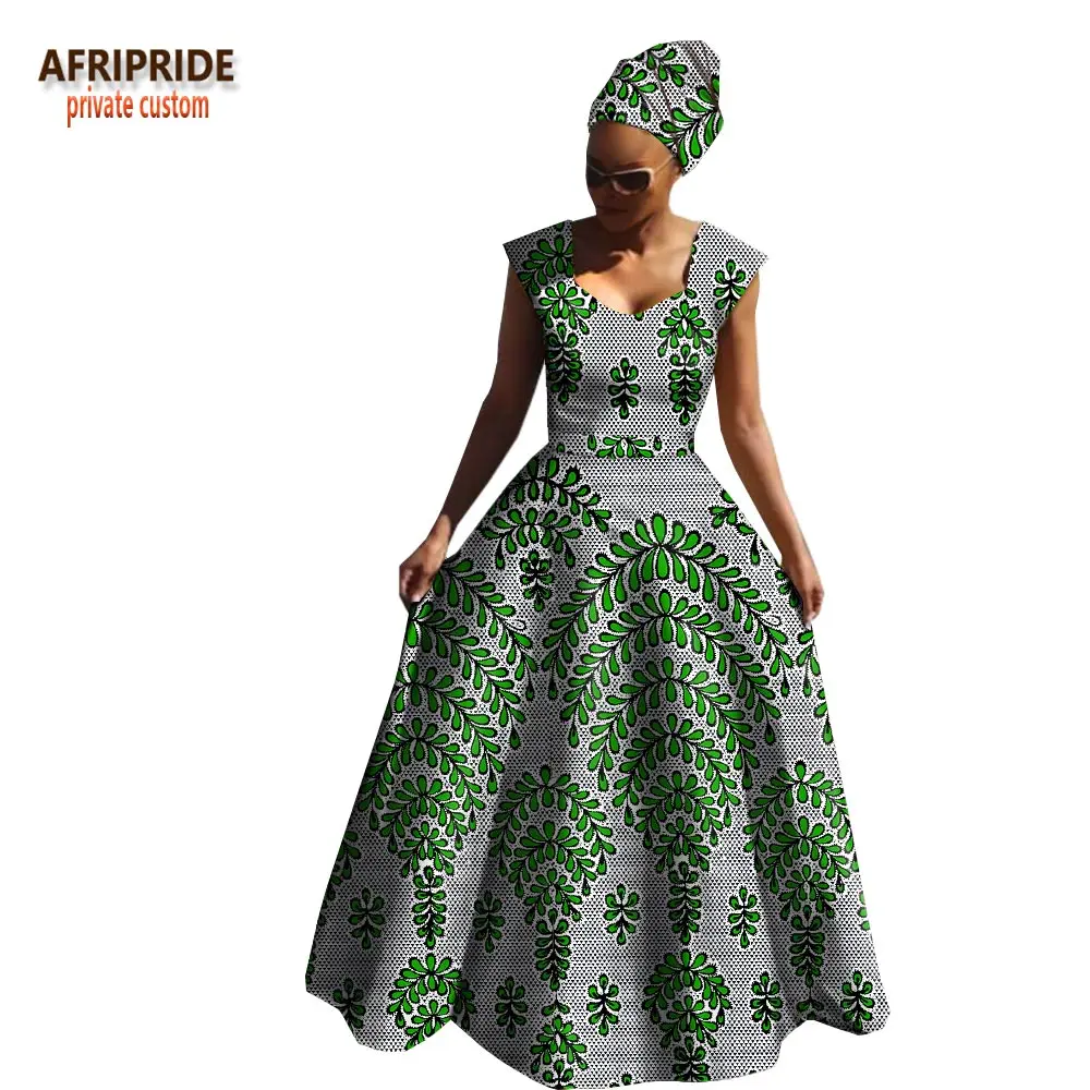 Afripride, Африканское весеннее Хлопковое платье для женщин, без рукавов, v-образный вырез, длина до пола, женское платье с повязкой на голову A1825039 - Цвет: 569J