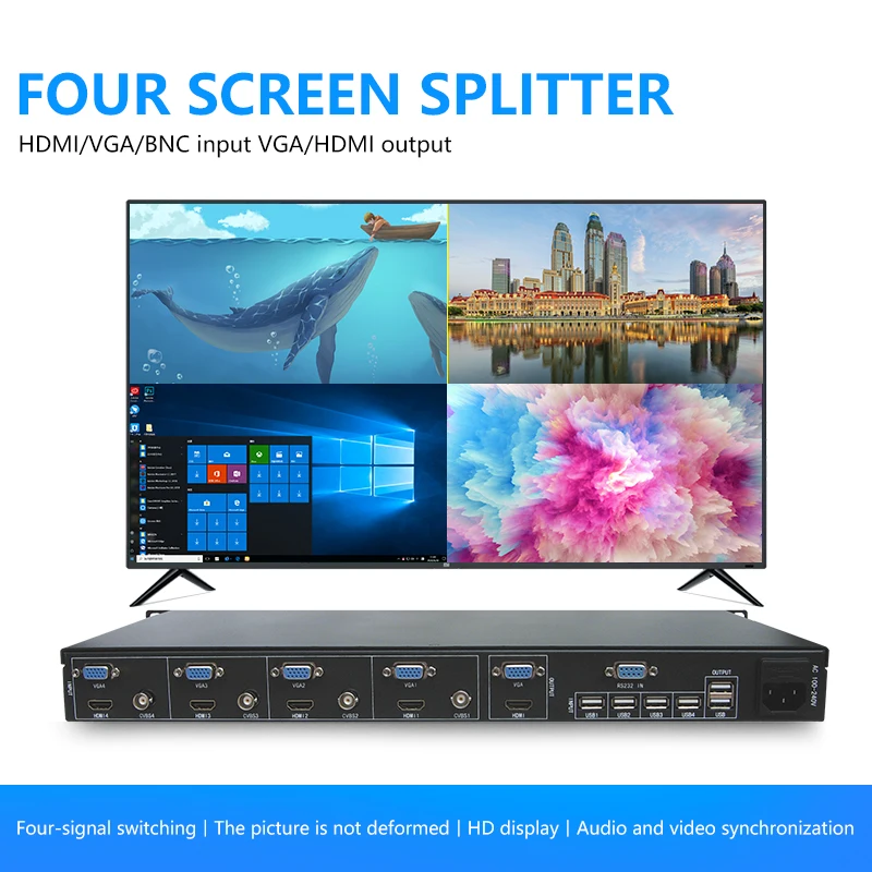 KVM HD 스위치 4x1 쿼드 멀티 뷰어, 4 in 1 Out HD BNC VGA TV 프로세서 화면 멀티 뷰어, 4 PC 공유 마우스 키보드용