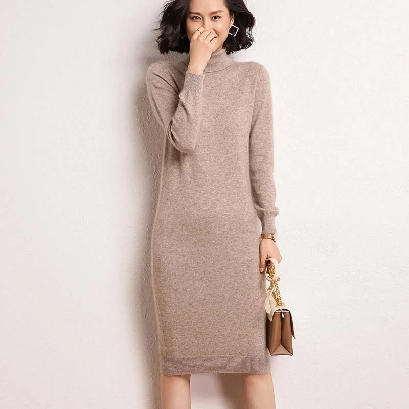 mongolian Cashmere dress Women Long Sweater Dress Female Autumn Winter Long Sleeve Loose knitted Sweaters Dresses - Цвет: camel