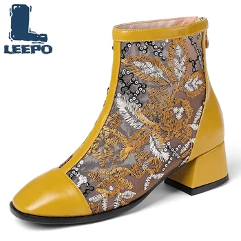 

Women Summer Boots Cow Leather Embroidery Net Perforated High Heels Booties Woman Ankle Boots Feminine Hollow Mesh Shoes 2020 40