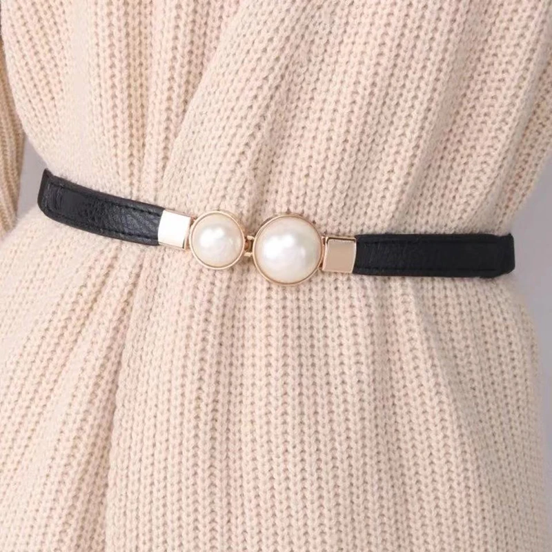 New Fashion Women Elasticity Thin Belts Imitation Pearl Buckle Strap All-Match Coat Dress Black White Beige Ladies Waistband brown belt women