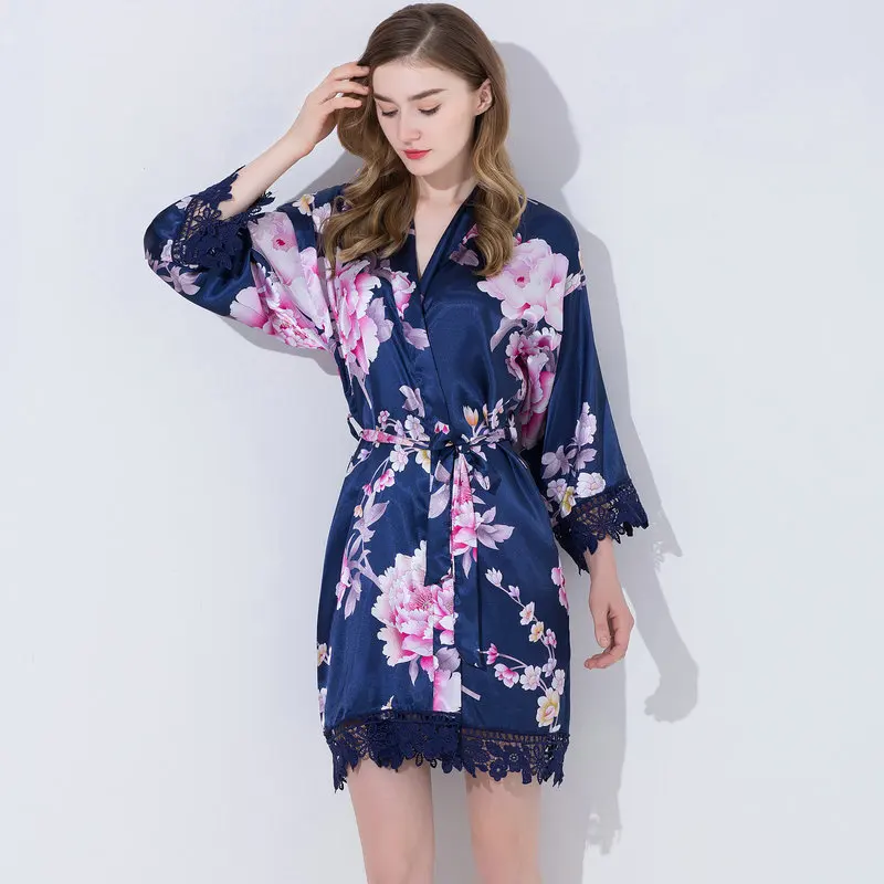YUXINBRIDAL халаты с цветочным принтом с кружевной отделкой цветочный атласный Шелковый Свадебный невесты кимоно для невесты Халаты вечерние халат атласный - Цвет: navy blue