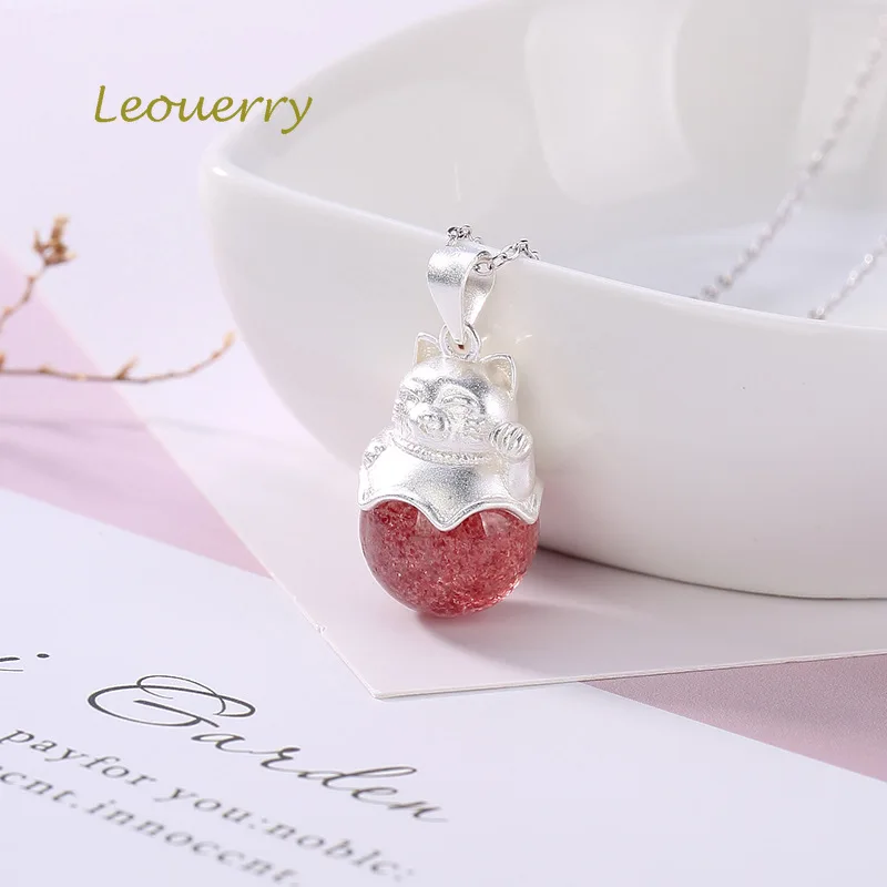 Leouerry натуральный клубничный кварц Lucky Cat Подвески простые 925 пробы серебро розовый кристалл женские модели короткие Подвески до ключицы